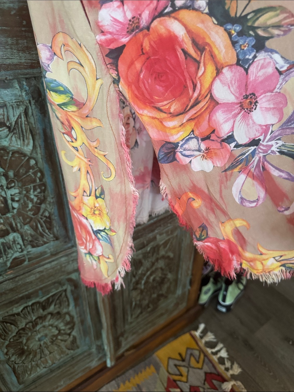 Aratta Coral Pink & Yellow Plaid-to-Floral Sheer Duster - Picture 4 of 9